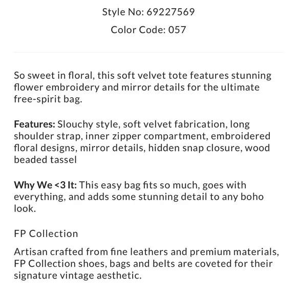 Free People Vic Velvet Hippie Boho Embroidered Shoulder Tote Bag - Picture 8 of 8